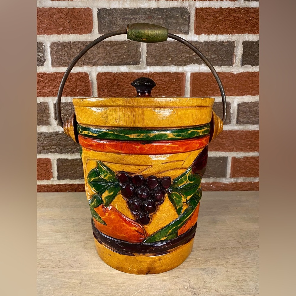 Wooden Ice Bucket Fruit‎ Grapes Strawberries Hand Carved Lid Handle